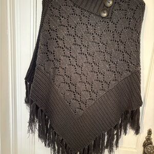 Gray knit poncho with sequins and fringe. Beautiful